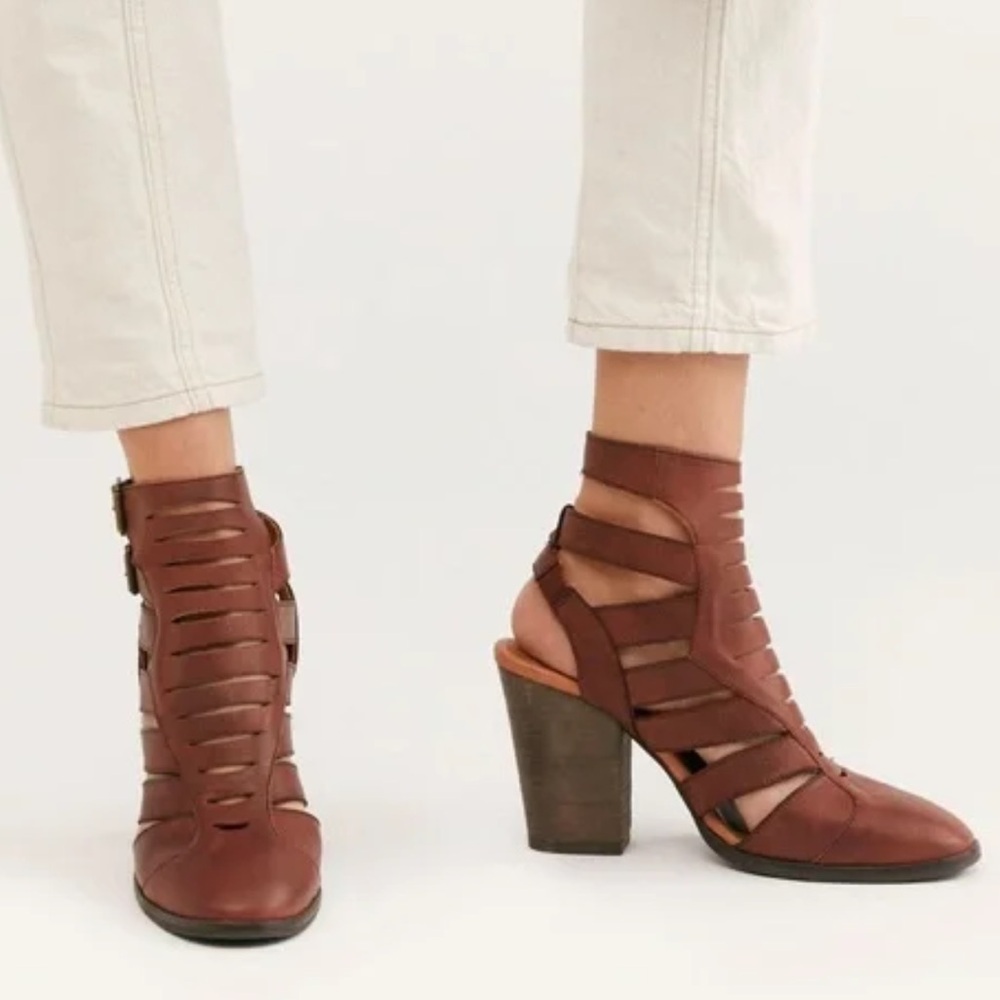 Free People Hayes brown strappy ankle boots with stacked heel Size 36 = Size 6